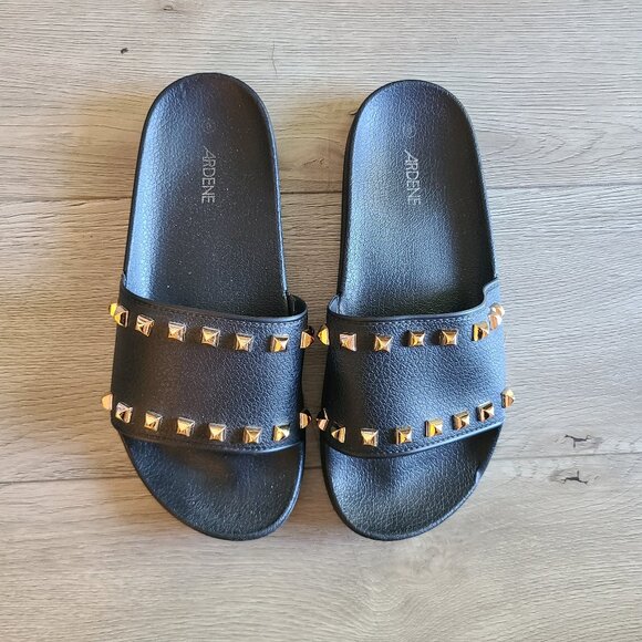 New Black with Gold Studded Sandal Slides - Picture 3 of 4